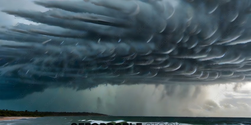 A storm cloud is rolling in over the ocean