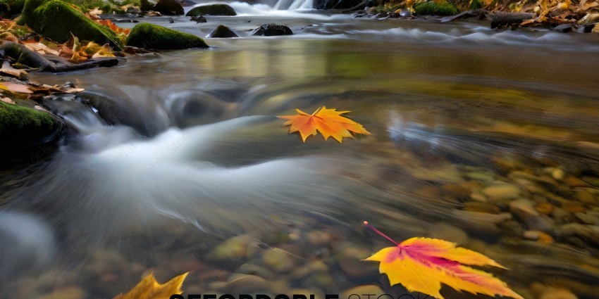 A yellow leaf is floating in a stream