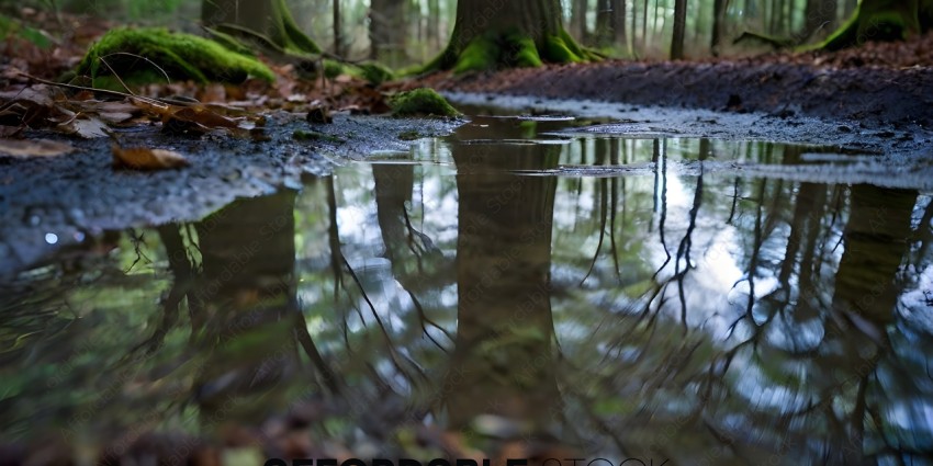 Reflection of a forest in a puddle