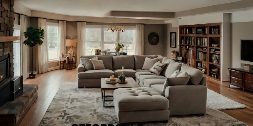 A large, gray couch with a table in front of it