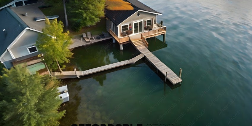 A house on a lake with a dock
