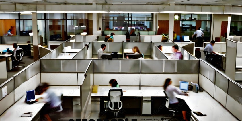 Office workers in cubicles with computers and chairs