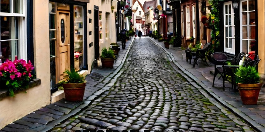 Cobblestone street with potted plants and people