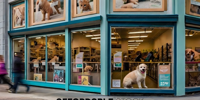 A dog sitting in front of a pet store