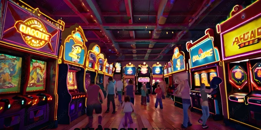 People in a casino with bright lights and arcade games