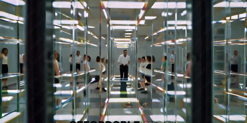 Man in white shirt walking through mirrored hallway