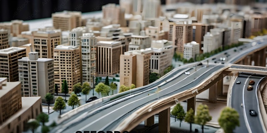 A model of a city with a highway and a bridge