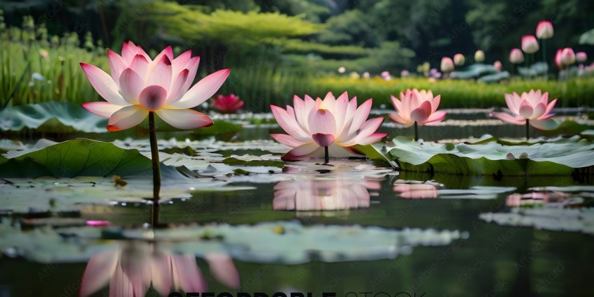 Pink Lotus Flowers in a Pond