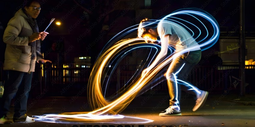 Man with glowing hair and clothes dancing in the street