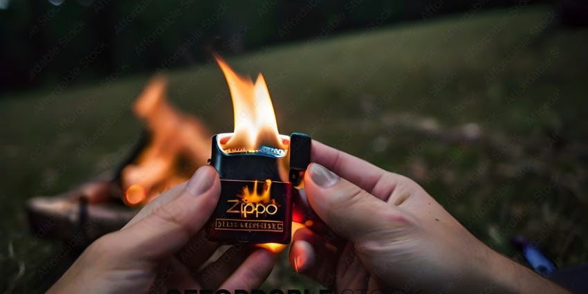 A person holding a Zippo lighter with fire on it