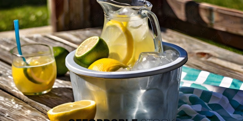 A pitcher of lemonade with lemon slices and limes