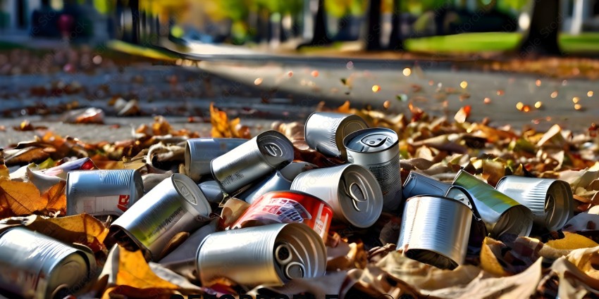 Aluminum cans and leaves on the ground