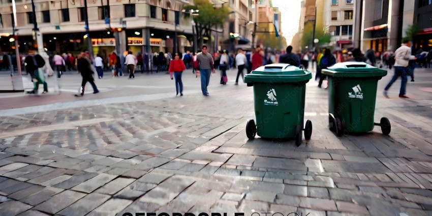 A Green Trash Can Sits on a Cobblestone Street