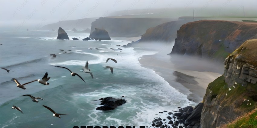 A group of birds flying over a rocky coastline