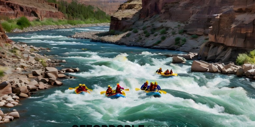 A group of people in kayaks are navigating a river