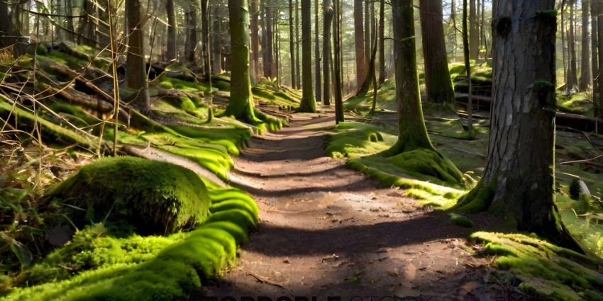 A forest path with moss and trees