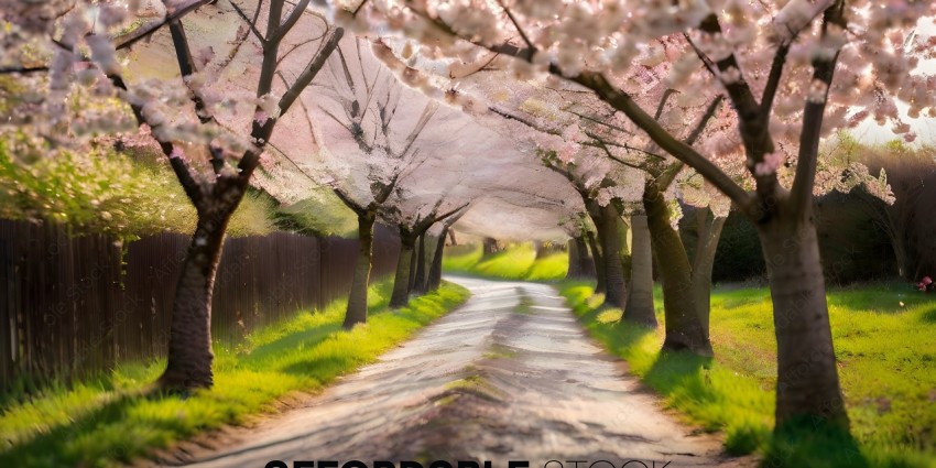 A tree lined path with blossoming trees