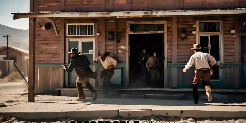 Men running out of a building