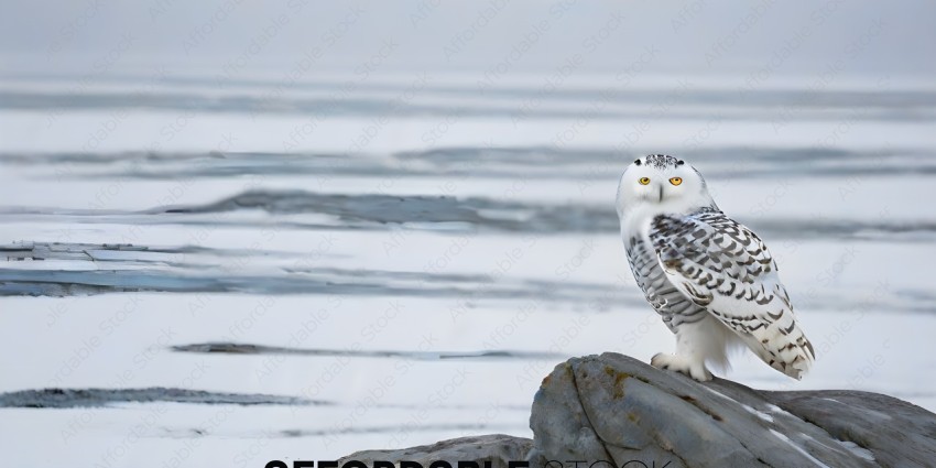 A white owl perched on a rock