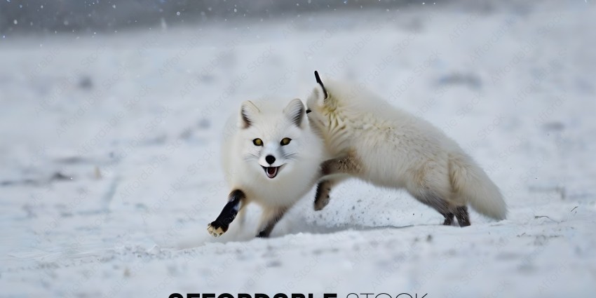 Two white foxes playing in the snow