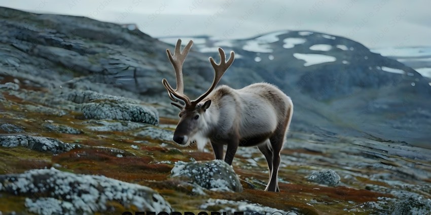 A deer with large antlers standing on a rocky hill