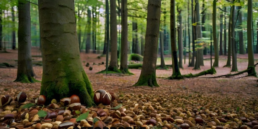 A forest with a pile of nuts on the ground