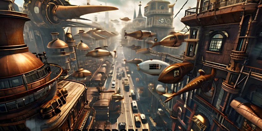 A futuristic city with flying vehicles and buildings