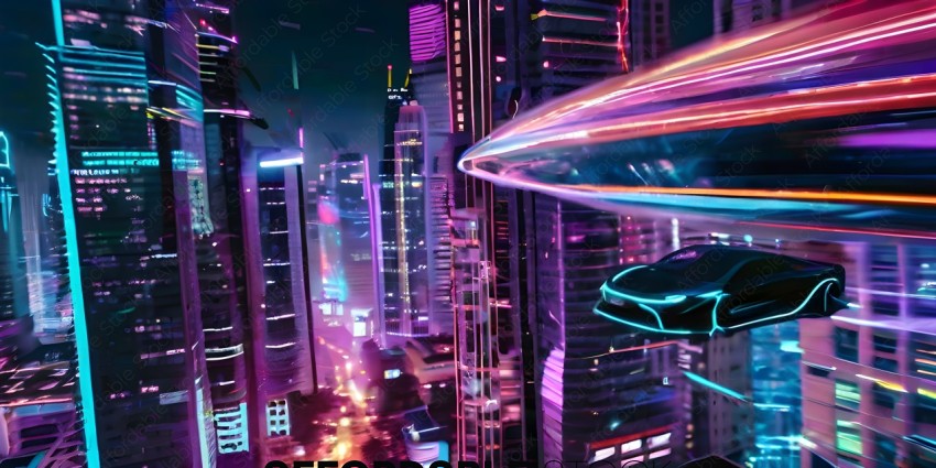 A futuristic cityscape with a flying car and neon lights