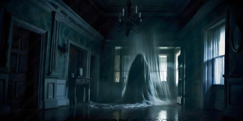A ghostly figure appears in a dimly lit room