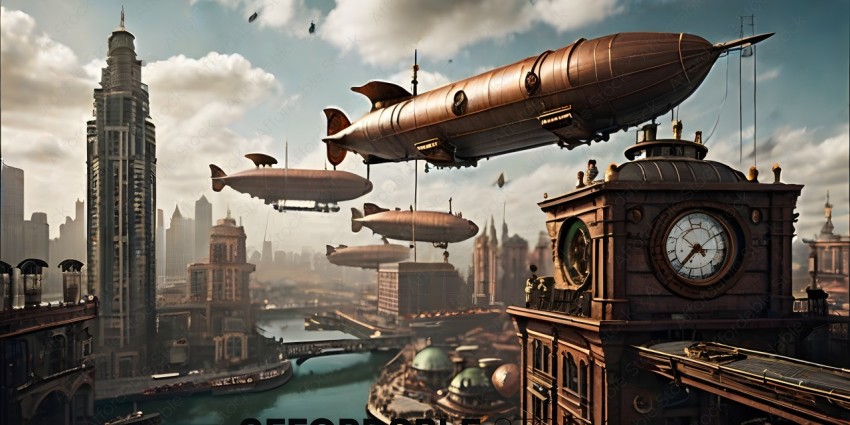 A city scene with airships and a clock tower