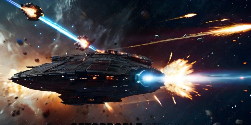 A spaceship is being destroyed by a laser