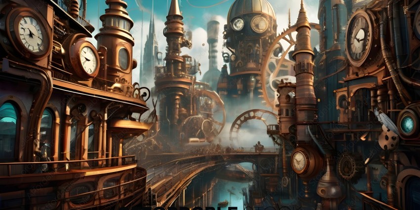 A fantastical cityscape with a clock tower and a bridge