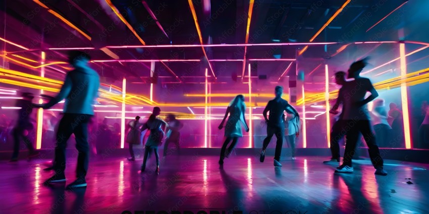 People dancing in a neon lit room