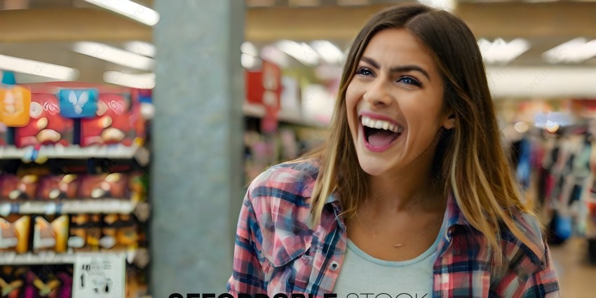 A woman laughing in a store