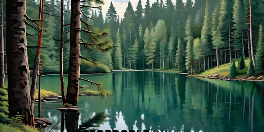 A serene painting of a lake surrounded by trees