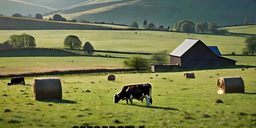A cow grazes in a field with a barn in the background