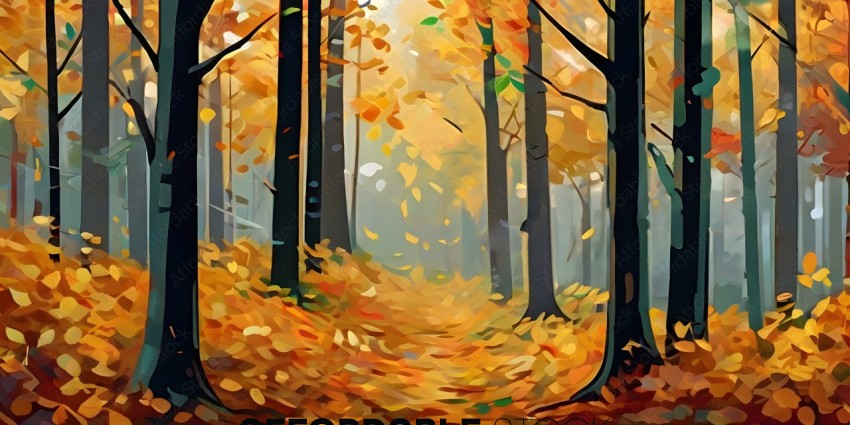 A painting of a forest with autumn leaves