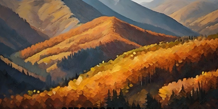 A painting of a mountain with trees and a yellow sky