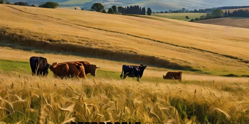Three cows grazing in a field of tall grass