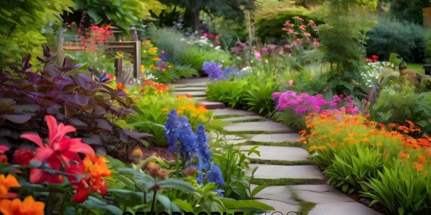 A garden pathway with a variety of flowers and plants
