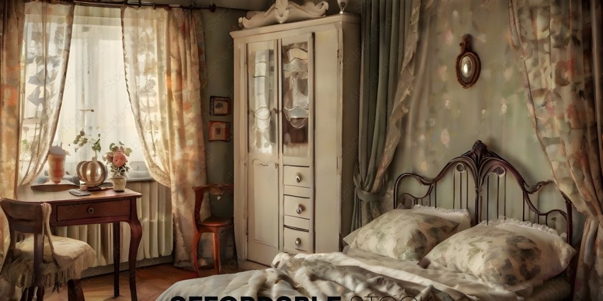 A bedroom with a bed, chair, and armoire
