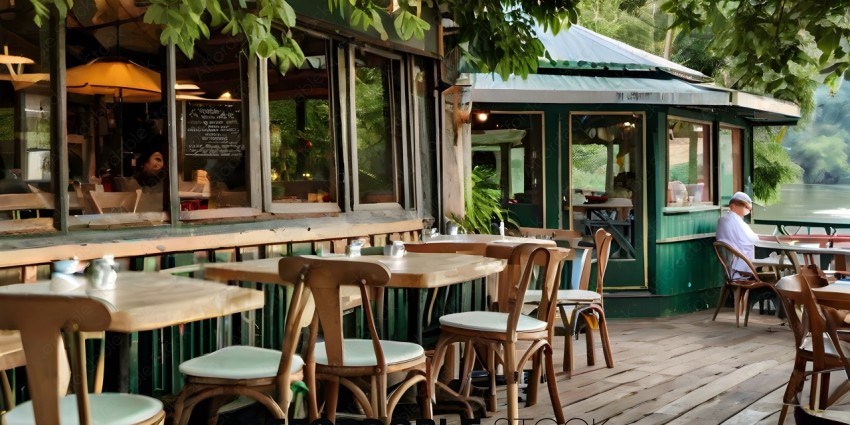 A restaurant with a patio and greenery
