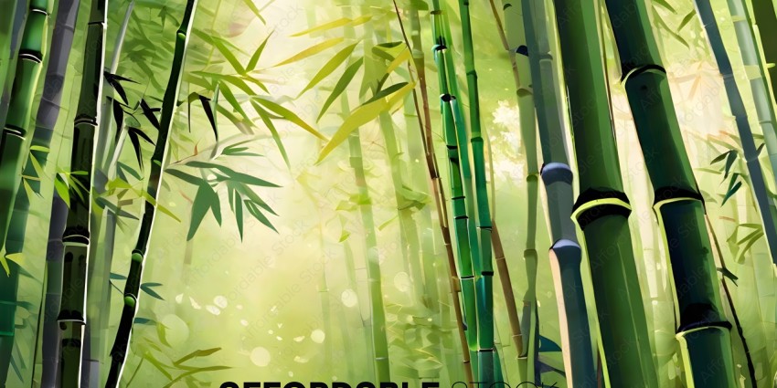 A painting of a forest with bamboo and sunlight