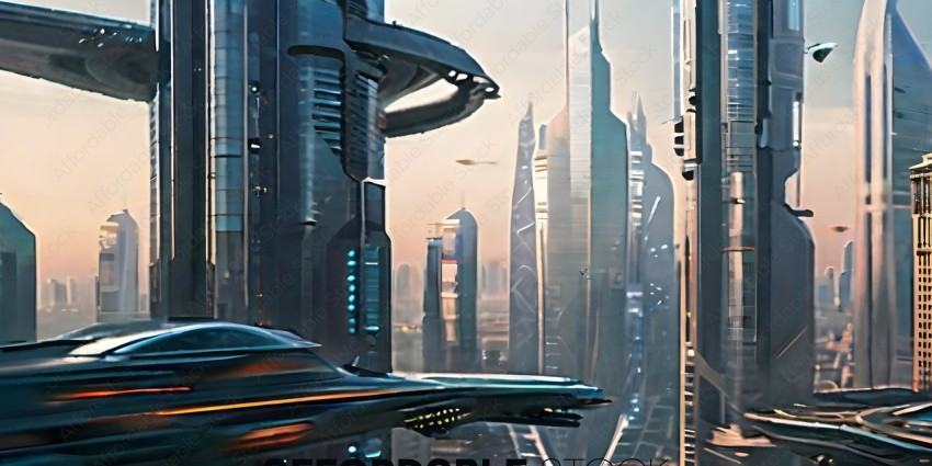 Futuristic Cityscape with Alien Ship