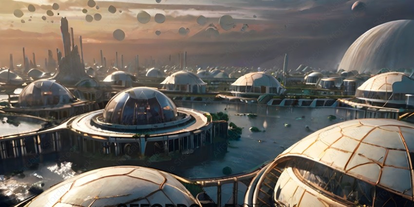 A futuristic city with many domes and water