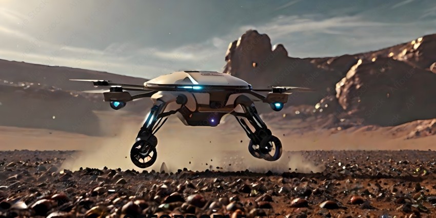 A futuristic drone flying over a rocky landscape