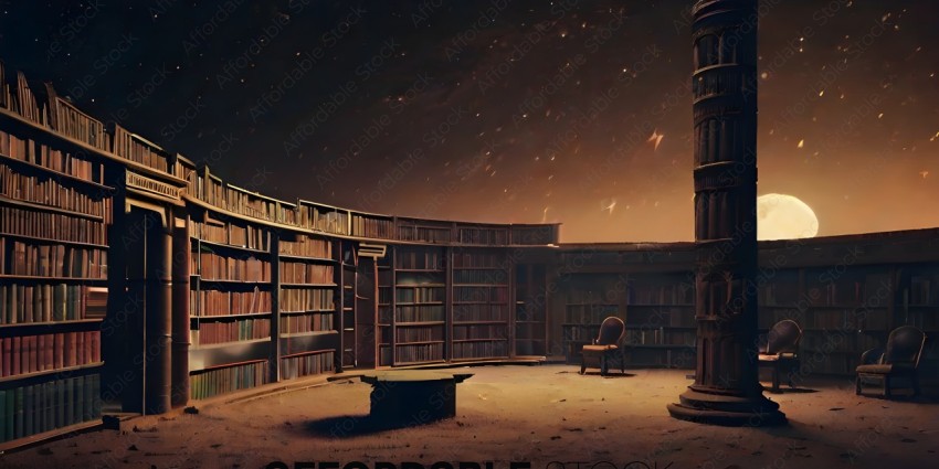 A dark and eerie library with a chair and a table