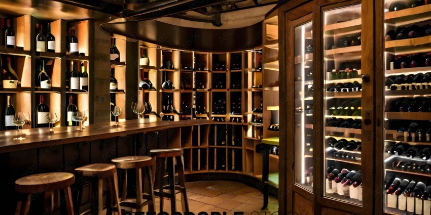 A wine cellar with a bar and stools