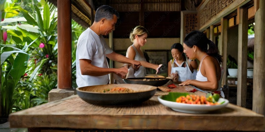 A group of people preparing food together