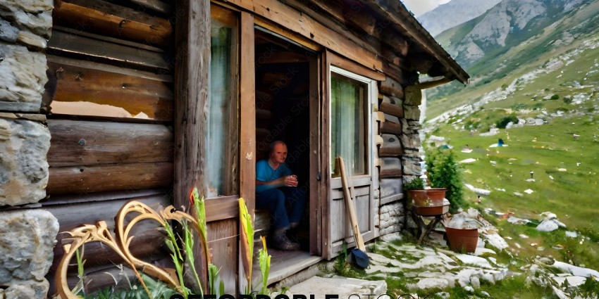 Man sitting in front of a wooden cabin